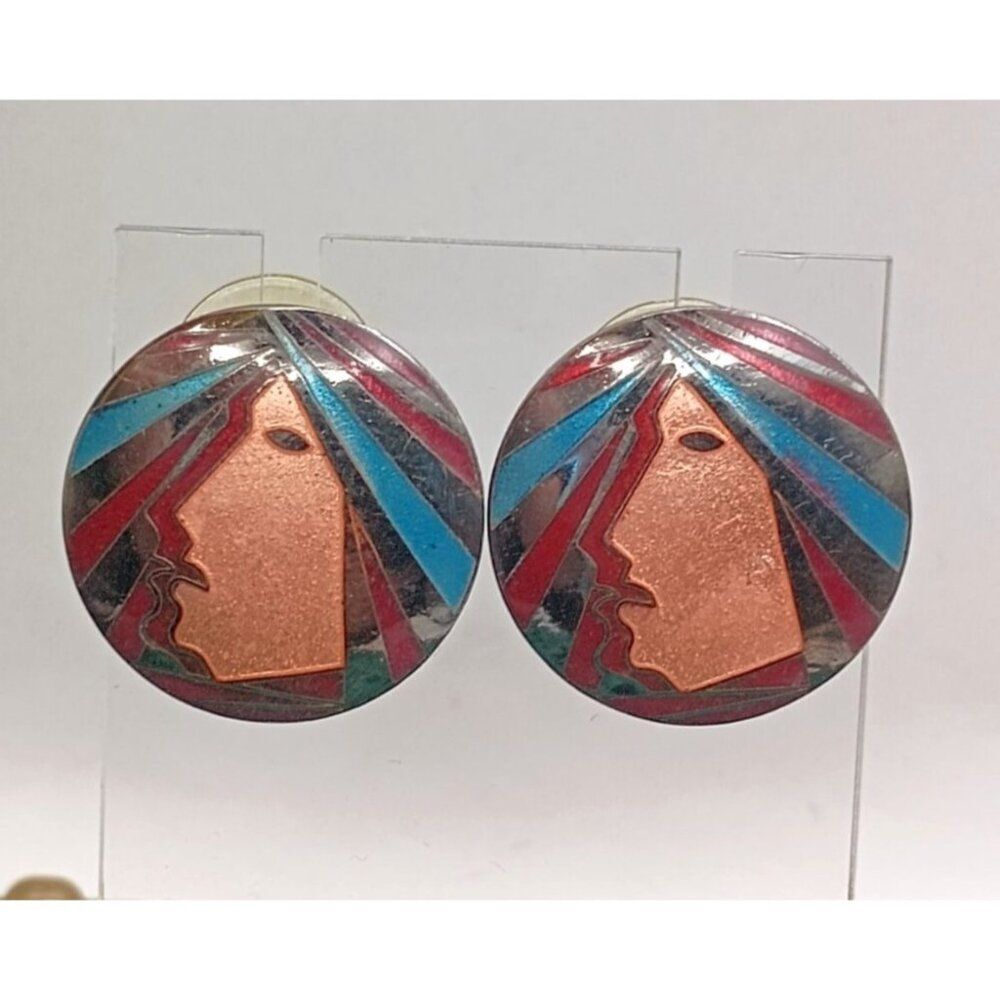 VTG MCM Mod Cloisonne Enamel Face Earrings Round